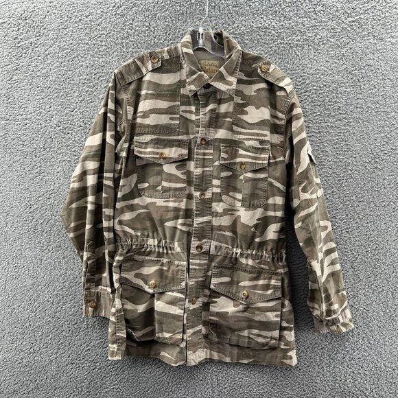 Cabelas Safari Series Shirt Jacket Mens Medium Camo Long Sleeve Button Up Drawst - Picture 1 of 7